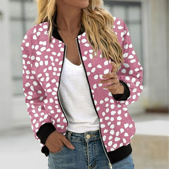 ITSAME Bomber Jackets for Womens, Zip Up Long Sleeve with Pockets Fashion Classic Fit Outwear Pink L