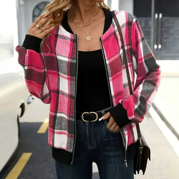 ITSAME Bomber Jackets for Womens, with Pockets Zip Up Fashion Plaid Spring Fall Lightweight Outwear Hot Pink L