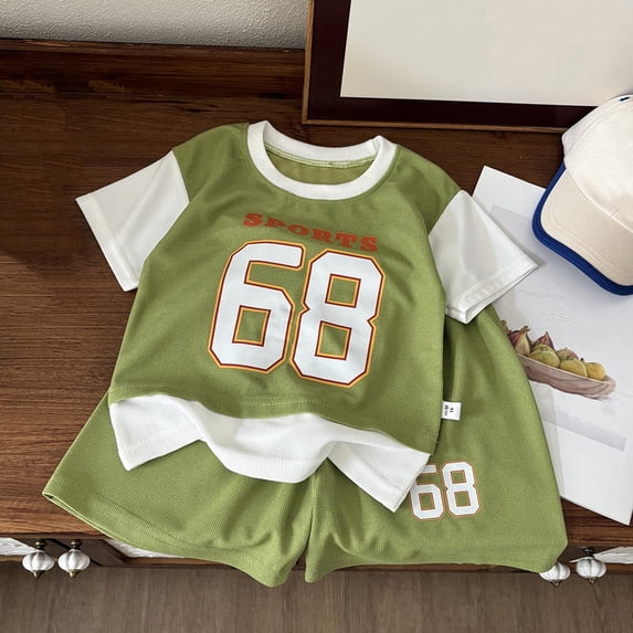 ITSAME Boys Athletic Outfit 2-Piece, Basketball Jersey Round Neck Top and Shorts Summer Casual Fashion Active Set Green 2-3T