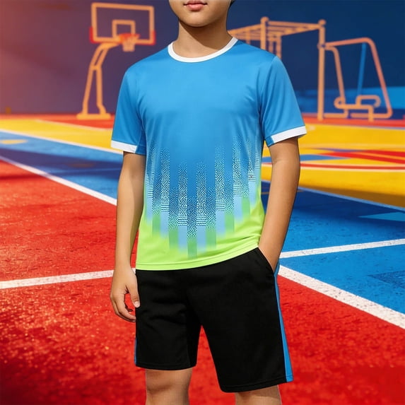 ITSAME Boys Athletic Outfit Sets, Breathable Quick-Dry Crewneck T-Shirt and Shorts Outdoor Sport Sets 2-Piece Blue Size 11-12