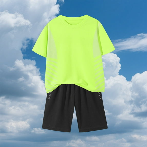 ITSAME Boys Athletic Outfit Sets, Lightweight Breathable Quick-Dry Crewneck Top and Shorts 2-Piece Fashion Performance Sets Green 13T