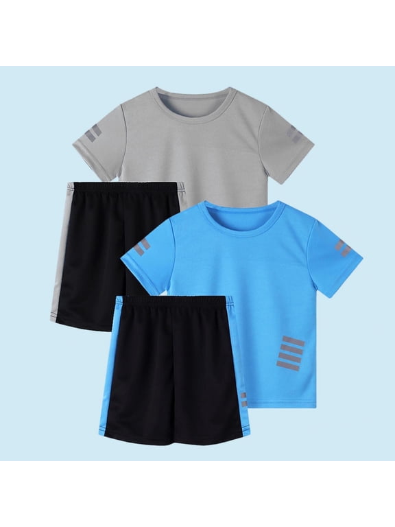 Boys Athletic Outfit Sets, Quick-Dry Crewneck T-Shirt and Shorts Outdoor Sport Sets 4-Piece Light Blue Size 9-10