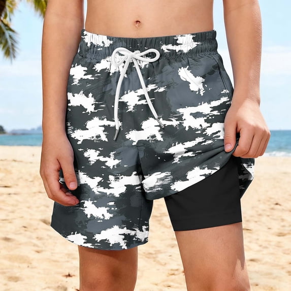 ITSAME Boys Beach Shorts, Quick-Dry with Compression Liner Elastic Waist Summer Athletic Swim Trunks Gray Size 13