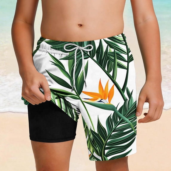 ITSAME Boys Beach Shorts, with Compression Liner Quick-Dry Elastic Waist Kids Fashion Swim Trunks Green Size 5