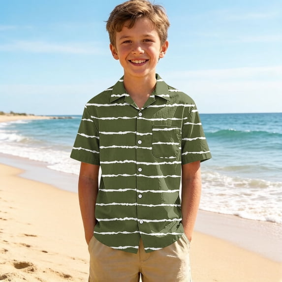 ITSAME Boys Button-Up Shirts Lapel Striped Print Short Sleeve Summer Casual Shirt with Pocket Army Green Size 3-4