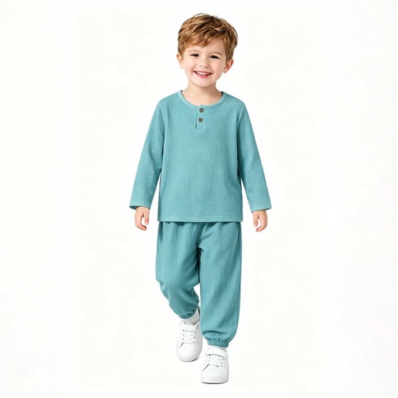 ITSAME Boys Cotton Outfit Set Henley Long Sleeve Shirt & Tapered Pants 2-Piece Kids Casual Active Set Light Blue Size 0M