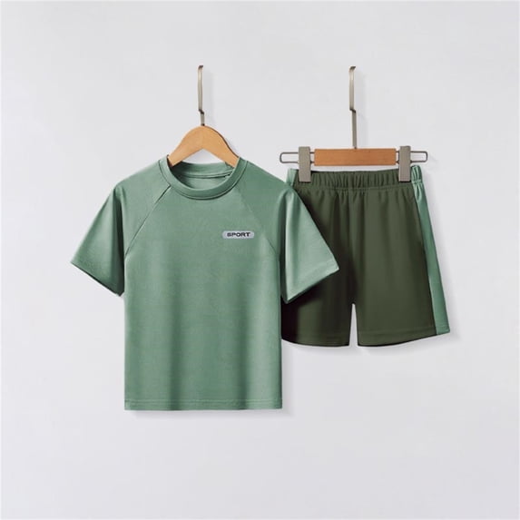 ITSAME Boys Girls Athletic Outfit 2-Piece, Crewneck Shirt and Shorts Quick-Dry Kids Performance Sport Clothes Green 10-11T