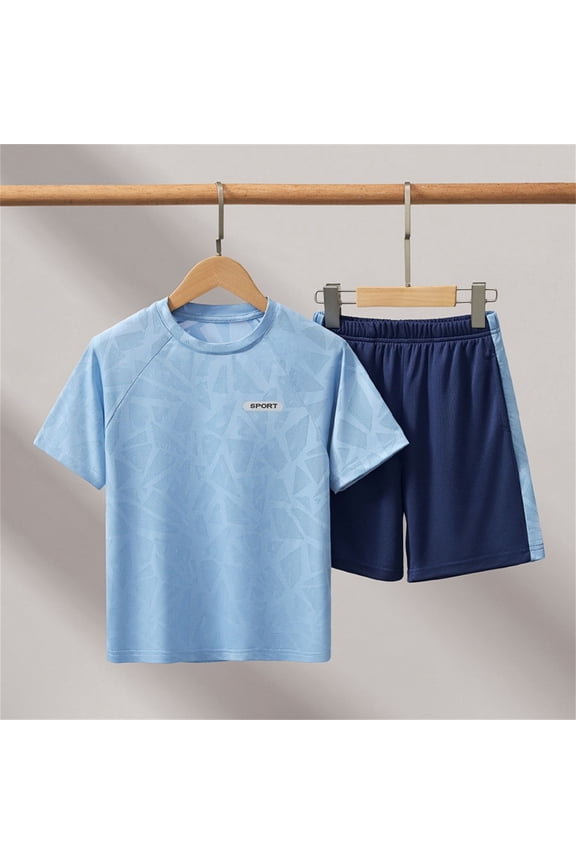 Boys Girls Athletic Outfit 2-Piece, Short Sleeve Shirt and Shorts Quick-Dry Kids Performance Sport Clothes Light Blue 12-13T