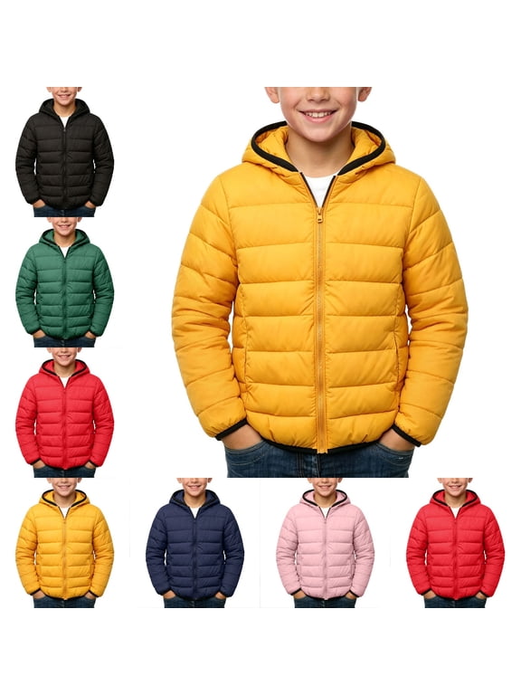 Boys Girls Hooded Puffer Jacket Long Sleeve Full Zip Lightweight Winter Warm Coat Yellow Size 6