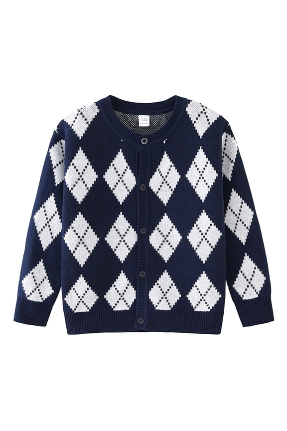 Boys Girls Long Sleeve Cardigan Cotton Round Neck Color Block Kids Soft Comfy Button Up Sweater Navy Size 7