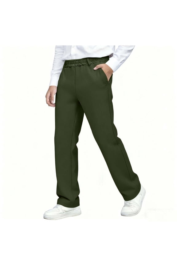 Boys Girls School Uniform Pants, Flat Front Elastic Waist Slim Straight Kids Dressy Pants with Pockets Army Green 7-8T