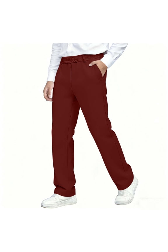 Boys Girls School Uniform Pants, Slim Straight Elastic Waist Flat Front Kids Dressy Pants with Pockets Red 11-12T