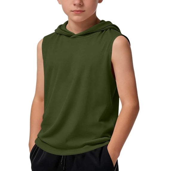 ITSAME Boys Hooded Tank Tops Active Fit Loose Sleeveless Shirts Kids Casual Athletic Tops Army Green Size 14-15
