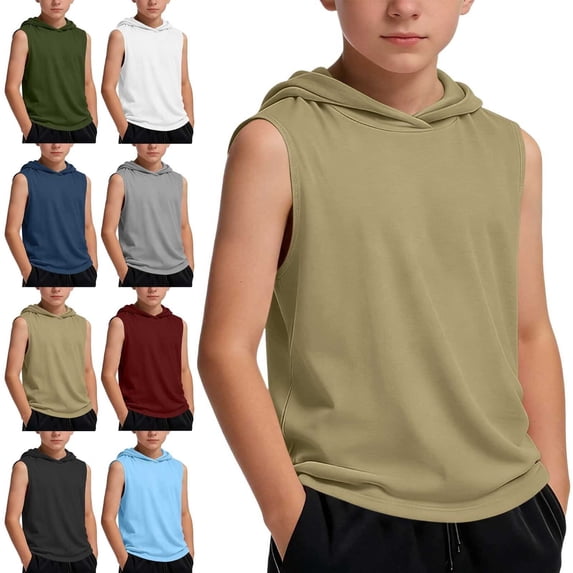 ITSAME Boys Hooded Tank Tops Active Fit Loose Sleeveless Shirts Kids Casual Athletic Tops Khaki Size 9-10