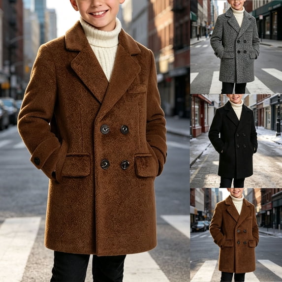 ITSAME Boys Mid-Length Coat Long Sleeve Lapel Button Up Outerwear Fall Winter Warm Comfy Jacket Coffee Size 12