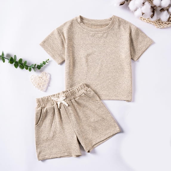 ITSAME Boys Outfit 2-Piece, Cotton Crewneck Short Sleeve Tee and Elastic Waist Shorts Loungewear Summer Casual Comfortable Sets Khaki 2T