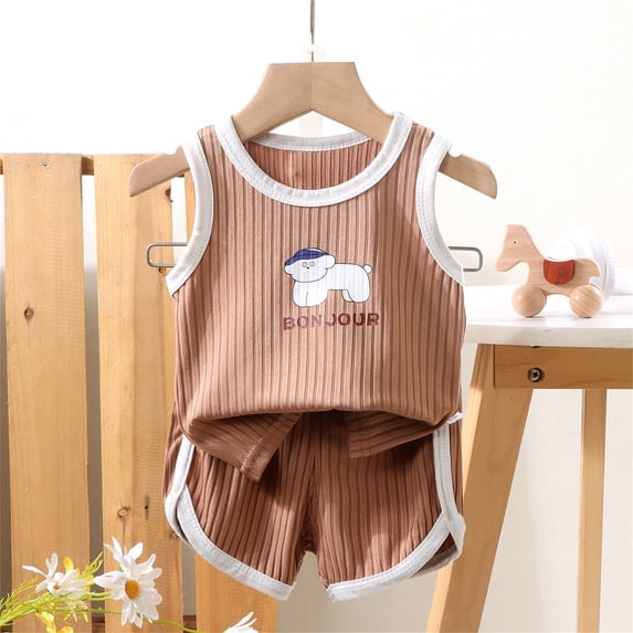ITSAME Boys Outfit Set, Crewneck Printed Tank Top and Shorts Summer Casual Comfort Clothes 2-Piece Coffee Size 2-3T