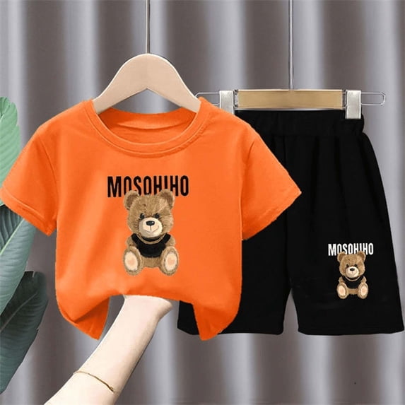 ITSAME Boys Outfit Sets 2-Piece Cartoon Print Cotton T-Shirt and Shorts Summer Fashion Casual Clothes Orange Size 5-6Y