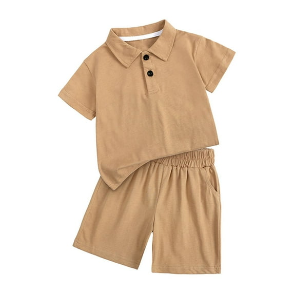 ITSAME Boys Outfit Sets, Cotton Lapel Short Sleeve Polo Top and Elastic Waist Shorts 2-Piece Summer Casual Fashion Sets Khaki 6T