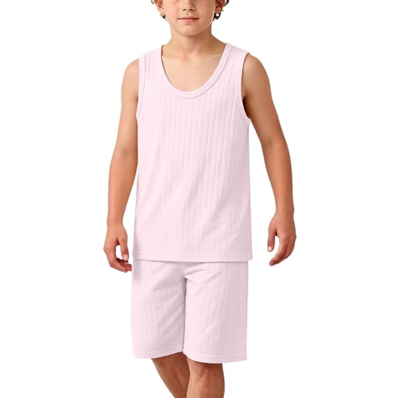 ITSAME Boys Outfits 2-Piece 100%Cotton Scoop Neck Tank and Shorts Loose Fit Casual Home Clothes Set Pink Size 7-8