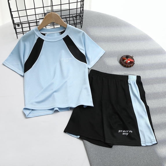 ITSAME Boys Outfits 2-Piece, Breathable Cotton Round Neck T-Shirt and Shorts Quick-Dry Summer Thin Athletic Sets Light Blue 8T