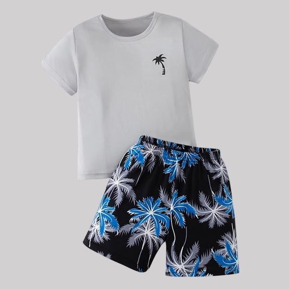 ITSAME Boys Outfits 2-Piece, Cotton Crewneck T-Shirts and Shorts Summer Beach Vacation Clothes Set Gray Size 3-4