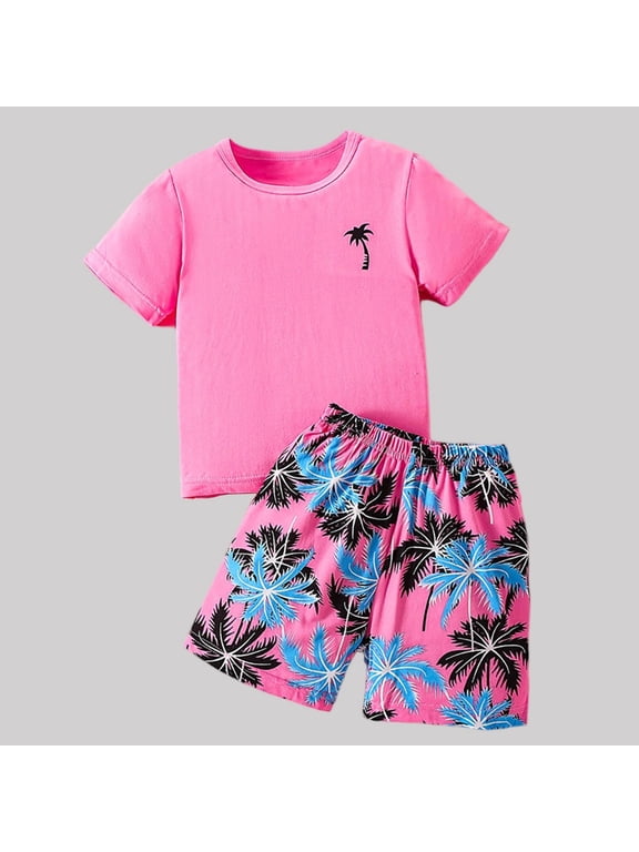Boys Outfits 2-Piece, Crewneck T-Shirts and Shorts Cotton Summer Beach Vacation Clothes Set Pink Size 10