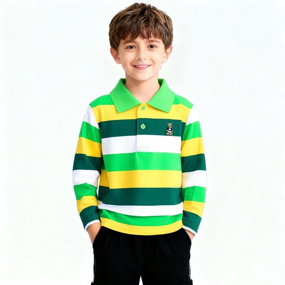 ITSAME Boys Polo Shirt, Striped Print Long Sleeve Lapel Sport Casual Pullover for Kids Green 5-6T