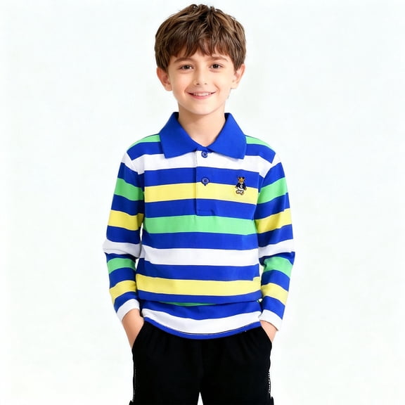 ITSAME Boys Polo Shirt, Striped Print Long Sleeve Lapel Sport Casual Pullover for Kids Navy 3-4T