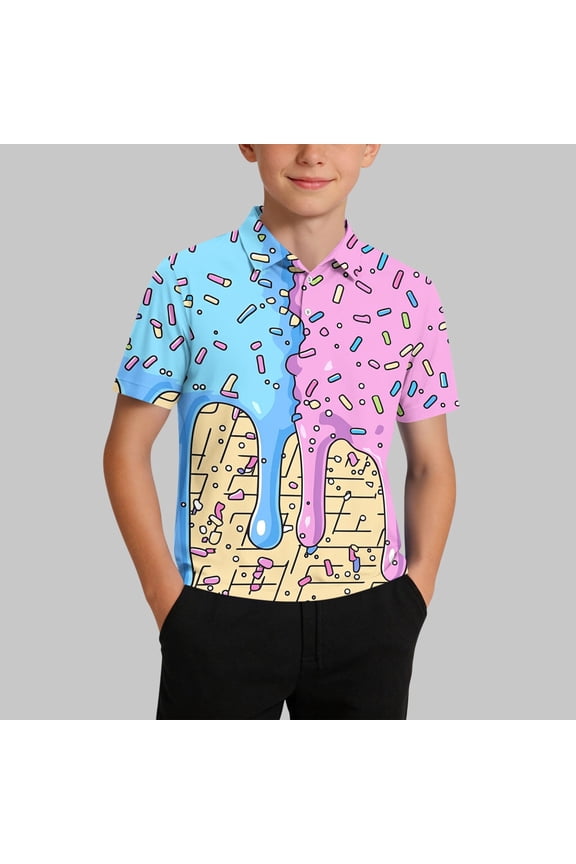 Boys Polo Shirts, School Uniform Lapel Button Fashion Print Summer Casual Breathale Tops Pink 14-15T