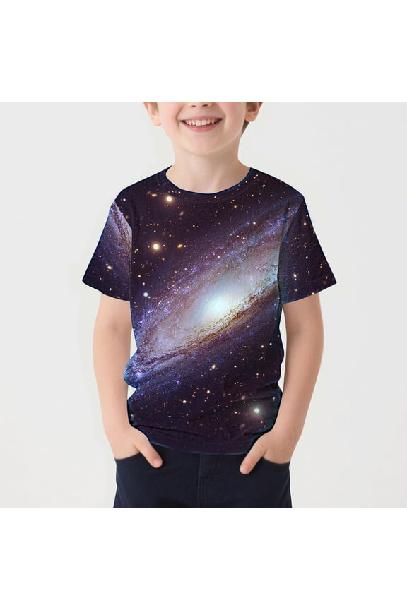 Boys Pullover T-Shirt, Active Fit Round Neck Starry Sky Galaxy Print Summer Fashion Casual Tees Multicolor 7-8T