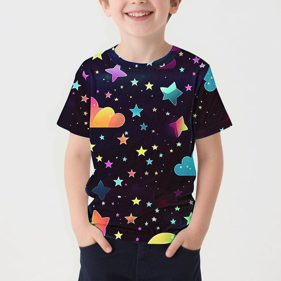 ITSAME Boys Pullover T-Shirts, Crewneck Starry Sky Print Loose Fit Summer Leisure Fashion Tees Multicolor 5-6T