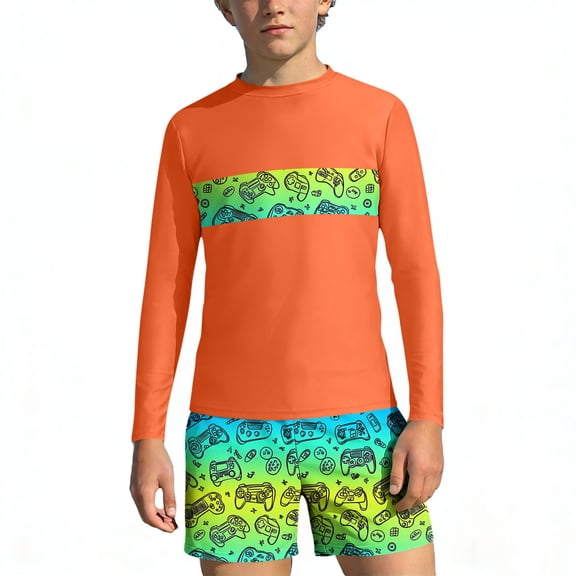 ITSAME Boys Rash Guard Swimwear 2-Piece Quick-Dry Long Sleeve Tops and Swim Trunks Summer Beach Swimsuit Orange Size 7-8