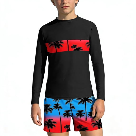ITSAME Boys Rash Guard Swimwear Long Sleeve Tops and Swim Trunks Quick-Dry Surfing Swimsuit 2-Piece Red Size 7-8