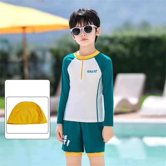 ITSAME Boys Rash Guard Swimwear Set, Long Sleeve Top and Swim Trunks 2-Piece Quick-Dry Summer Seaside Casual Swimsuit Yellow 4-5T