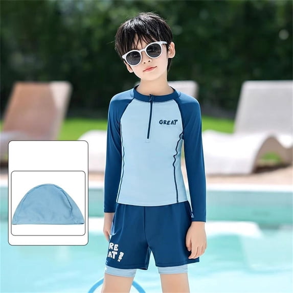 ITSAME Boys Rash Guard Swimwear Set, Quick-Dry Long Sleeve Top and Swim Trunks 2-Piece Summer Seaside Casual Swimsuit Blue 8-9T