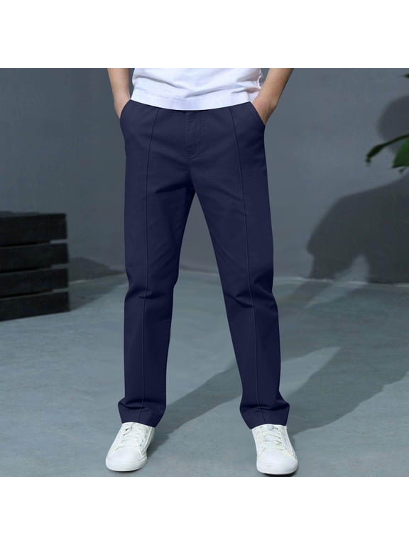 Boys School Uniform Pants, Elastic Waist Slim Straight Flat Front Kids Pull-On Pants with Pockets Navy 7-8T