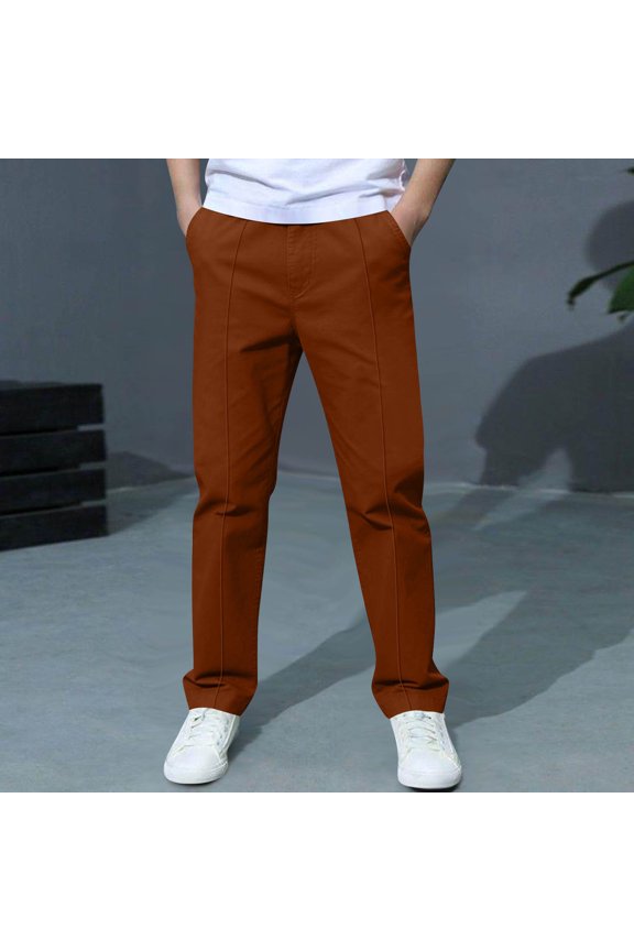 Boys School Uniform Pants, Elastic Waist Straight Leg Flat Front Kids Leisure Fashion Pants Brown 3-4T