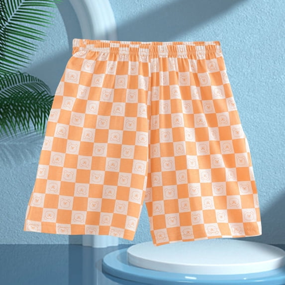 ITSAME Boys Shorts, Plaid Print Loose Fit Elastic Waist Summer Casual Fashion Home Clothes Shorts Orange 13T