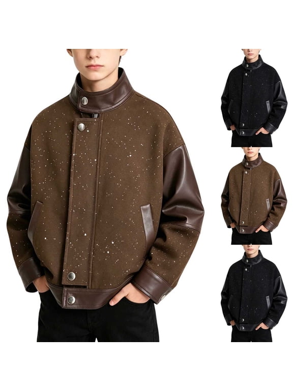 Boys Snap Collar PU Leather Jacket Long Sleeve Windbreaker Loose Casual Outdoor Coat Black Size 7