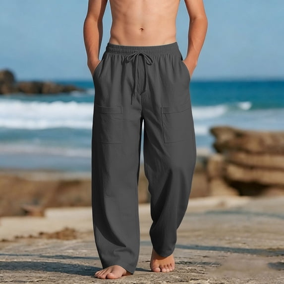 ITSAME Boys Straight Leg Pants, Elastic Waist Multi-Pocket Cotton Linen Summer Casual Beach Pants Gray Size 13