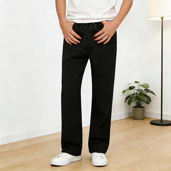 ITSAME Boys Straight Leg Pants, with Pockets Drawstring Cotton Linen Summer Casual Active Pants for Kids Black Size 6-7