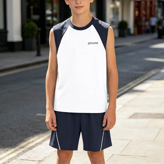 ITSAME Boys Summer Outfit Set Color Block Tank Top & Shorts 2-Piece Kids Fashion Casual Clothes White Size 14