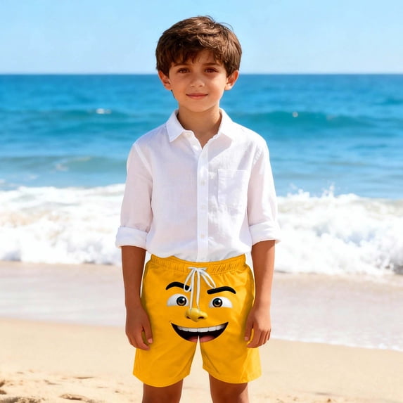 ITSAME Boys Swim Trunks, Elastic Waist Loose Fit Cute Expression Print Summer Fashion Quick-Dry Beach Shorts Orange 7T