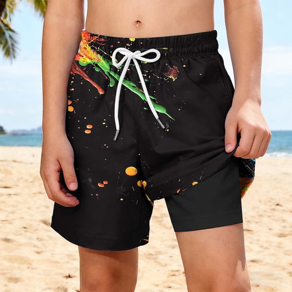 ITSAME Boys Swim Trunks, Elastic Waist with Compression Liner Quick-Dry Athletic Beach Shorts with Pockets Multicolor Size 7