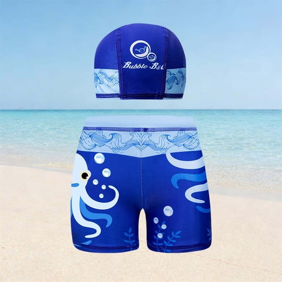 ITSAME Boys Swimsuit Set 2-Piece, Elastic Waist Swim Trunks and Swim Hat Quick-Dry Summer Active Beach Swimwear Sky Blue 7-8T