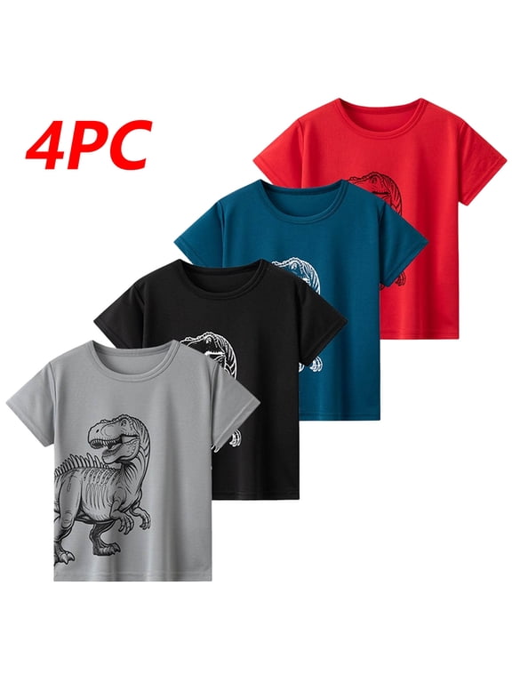 Boys T-Shirts 4-Pack, Fashion Print Crewneck Short Sleeve Summer Loose Casual Tops Black Size 4-5