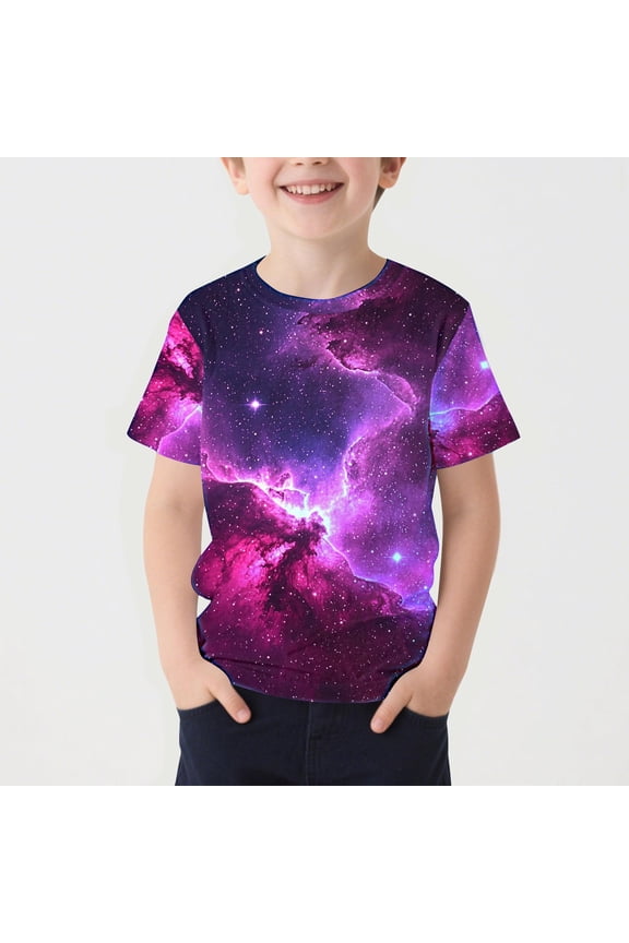 Boys T-Shirts, Crew Neck Lightweight Comfortable Starry Sky Gradient Print Summer Loose Leisure Tees Multicolor 7-8T