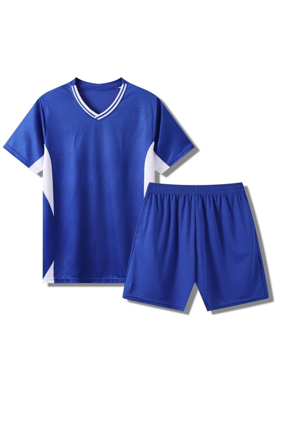 Boys V-Neck Short Sleeve Top and Shorts Athletic Set 2-Piece Quick-Dry Summer Sport Outfits Blue Size 5-6