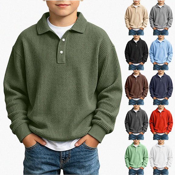 ITSAME Boys Waffle Knit Sweatshirt (3-14) Polo Collar Long Sleeve Fall Winter Loose Casual Pullover Top Size 13